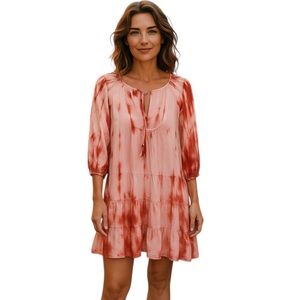 JW Styles Tie-Dye Casual Dress, Bishop Sleeves, front keyhole opening w/ tassel.